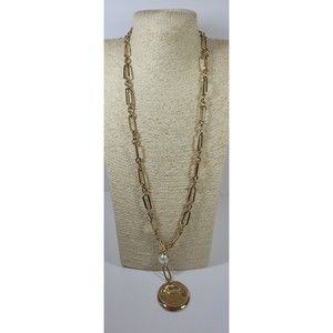 WHBM White House Black Market Goldtone Disc Faux Pearl Link Statement Necklace